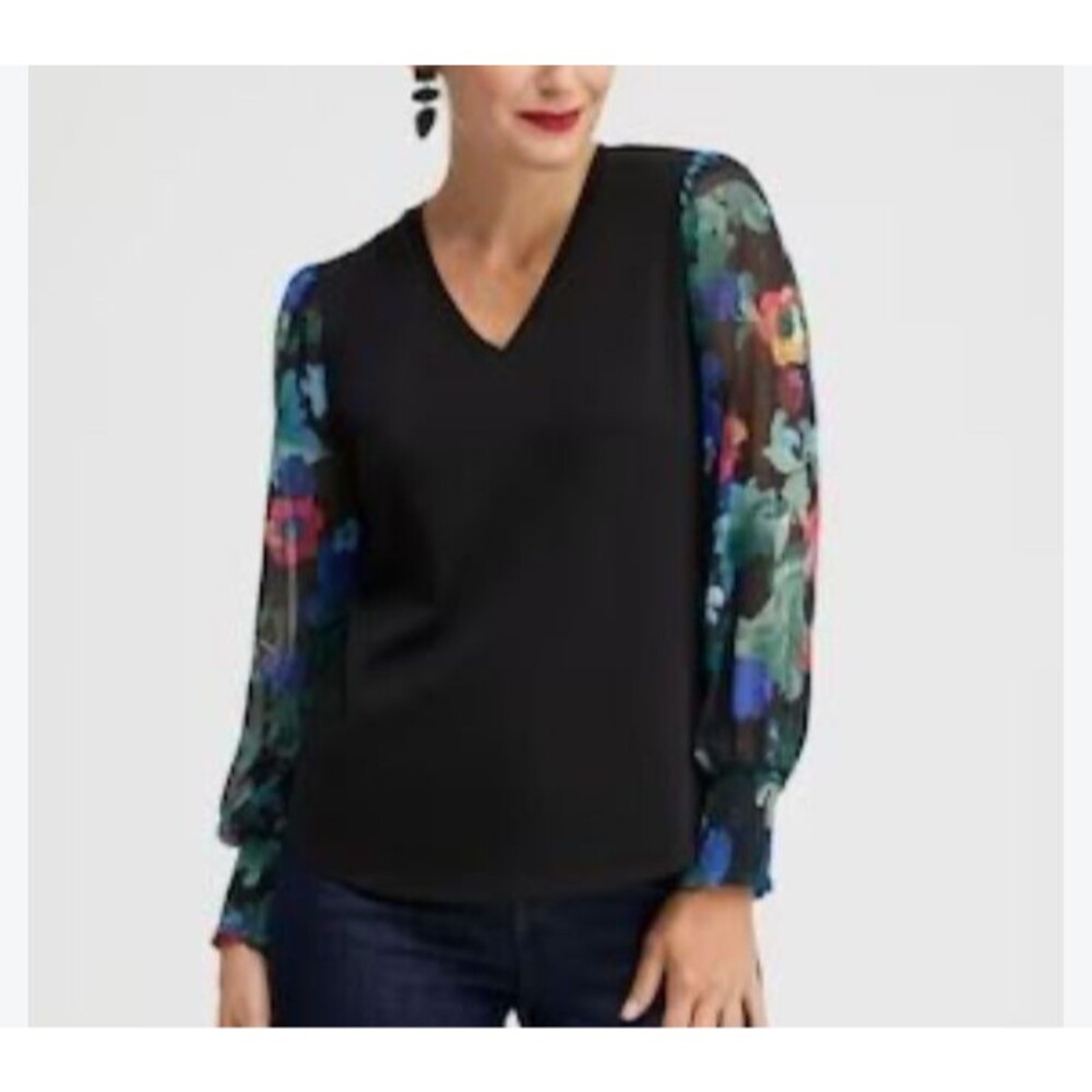 Chico's Top Size 4 4X Black Long Sleeve Floral Sheer Ruched BOHO Romantic